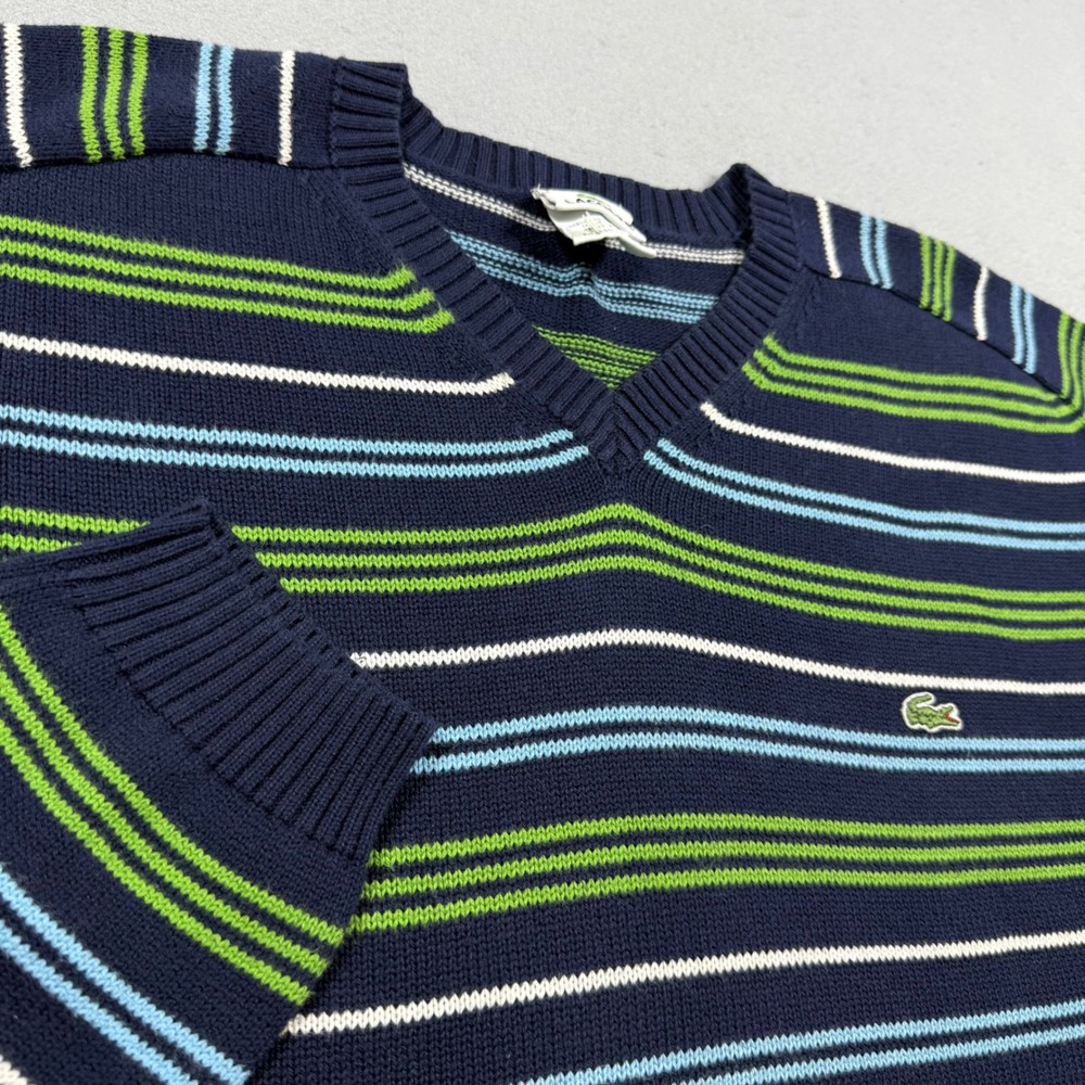 Lacoste Mens Navy Blue Striped Cotton V-Neck Sweater Green Blue White Size 6